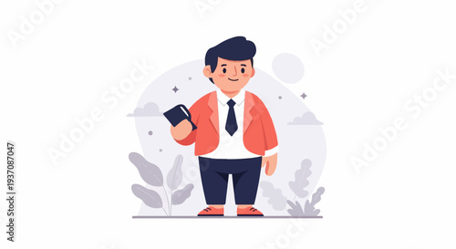 Cheerful man in suit holding a tablet, with whimsical background