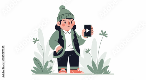 A person in winter attire holding a smartphone with a play button, surrounded by stylized plants