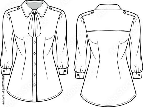 MobileFashion Technical Sketch of Women Professional Button Down Blouse with Pussy Bow Collar Shoulder Epaulettes and Long Cuffed Sleeves Vector Template for Design (23 words)