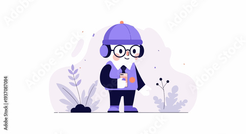 A whimsical cartoon character in a purple hat, vest, and headphones holds a smartphone in a minimalist nature scene