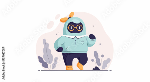 Cute robot with glasses and propeller hat walking in nature
