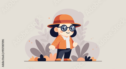 Charming illustrated figure in exploration gear with abstract botanical backdrop