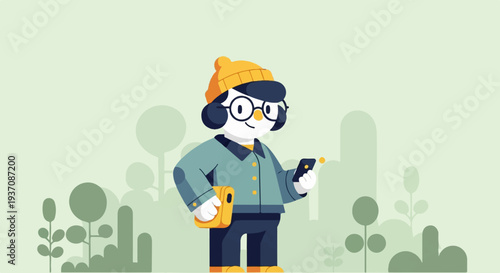 Cheerful character in winter attire holding a phone and bag against a stylized outdoor backdrop