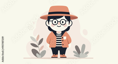 Cute, stylish character in a hat and glasses, surrounded by abstract shapes and plants