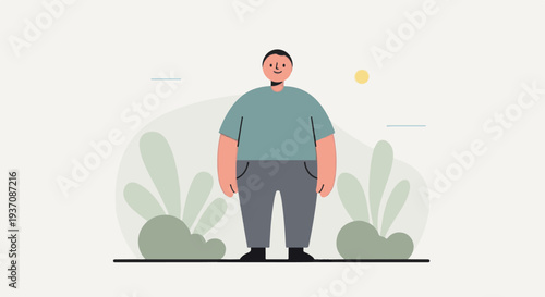 A simplified illustration of a person standing amidst abstract flora under a yellow sun