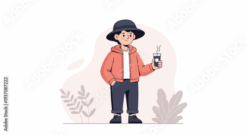 A stylish person in a bucket hat and jacket enjoys a steaming hot beverage