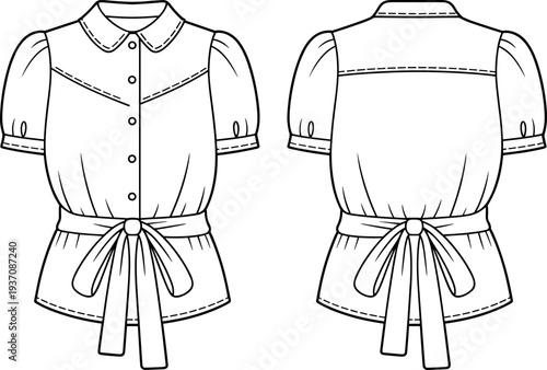 MobileFashion Technical Sketch of Women Short Sleeve Button Down Blouse Featuring Puffed Sleeves Peter Pan Collar and Front Waist Tie Vector Illustration Design Template (24 words)