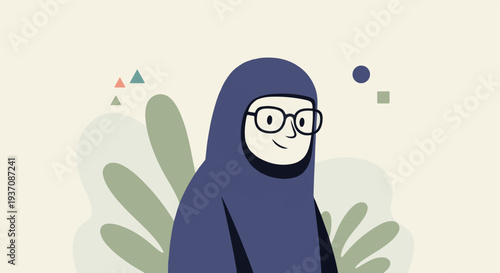 A smiling cartoon character wearing glasses and a blue hooded robe, with abstract shapes
