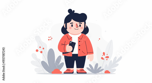 Cartoon illustration of a person with dark hair, wearing a coral jacket, holding a phone, surrounded by stylized plants and berries