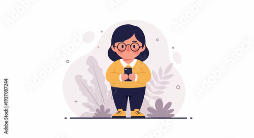 Cartoon girl in yellow sweater and dark pants holding phone