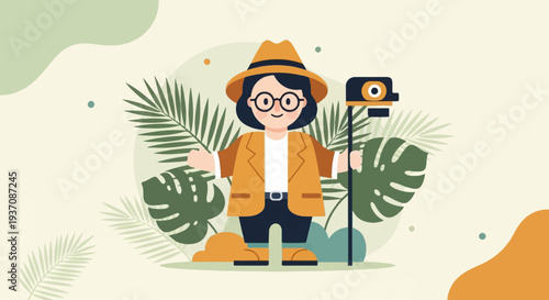 A cheerful person in a hat holds a camera on a selfie stick, surrounded by lush tropical foliage