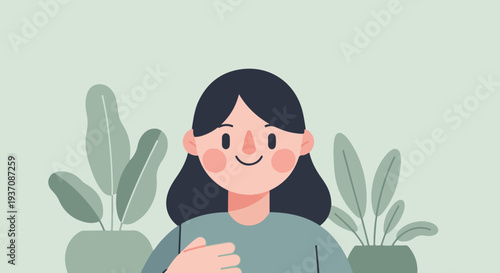 Friendly person with dark hair and blush cheeks, surrounded by leafy plants