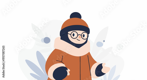 Cheerful character in winter attire, with warm coat and hat, smiles against a subtle floral backdrop