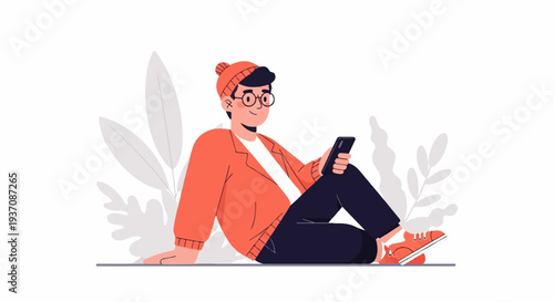 A young person in a beanie and orange jacket relaxes outdoors, looking at a phone