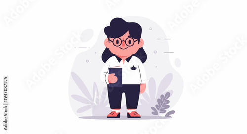 Cheerful, bespectacled cartoon character in academic attire, holding a book
