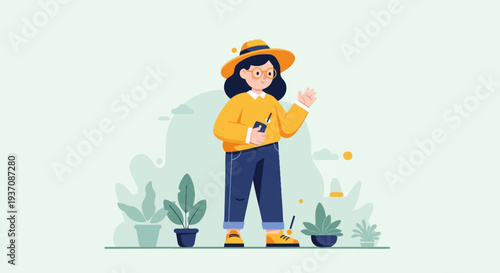 Cheerful person in hat holding device, waving amidst potted plants and abstract shapes