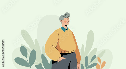 Stylized person in yellow sweater and grey pants stands amidst abstract foliage