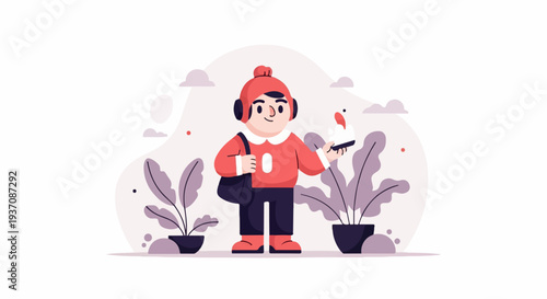 Cheerful person in red, holding a cake, standing amongst plants