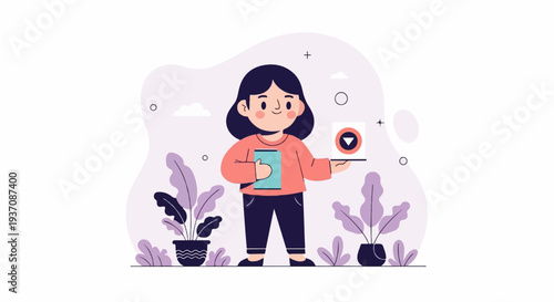 Cheerful child holding a book and a tablet with a downward arrow icon