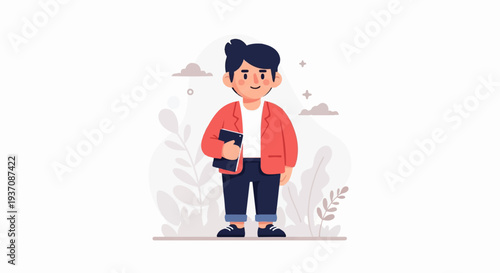 Cheerful person in a coral jacket holding a book, with clouds and plants