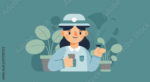 Cheerful person in a hat tending to potted plants in a room with foliage
