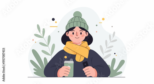 Cozy person in winter hat and scarf with drink and phone, surrounded by foliage