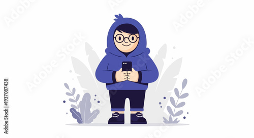 Young person in hoodie and glasses smiles while holding smartphone, surrounded by stylized plants