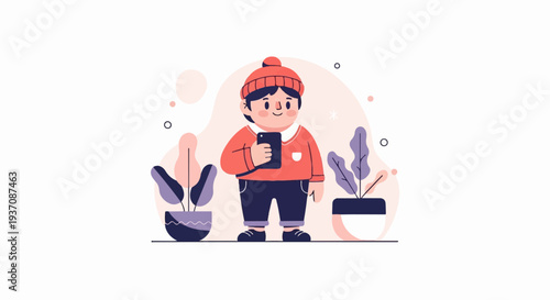 A young person in a red hat and sweater holds a phone, surrounded by potted plants and soft shapes