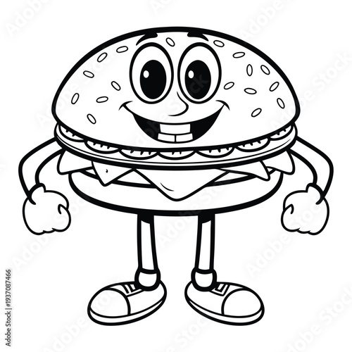 Outlined burger character stands joyfully with arms slightly raised and smiles widely while wearing sneakers