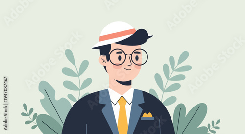 Stylized man in a suit and hat, surrounded by abstract plants