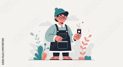 Cheerful person in apron and beanie holding a cup of steaming beverage, surrounded by stylized plants