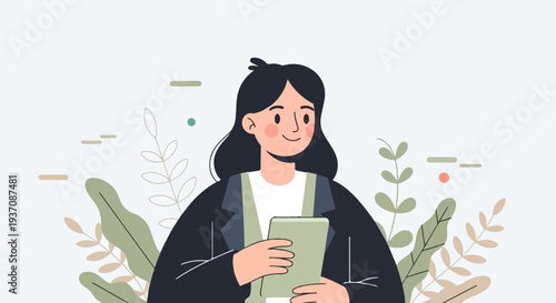 A smiling woman in a suit holds a tablet amidst stylized foliage and abstract shapes
