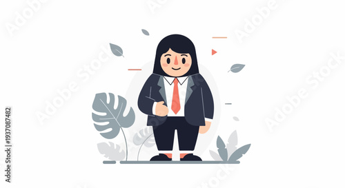 Stylized cartoon figure in business attire standing amidst foliage