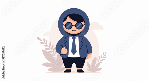 A stylized, cartoonish person in a suit and hood, wearing round glasses