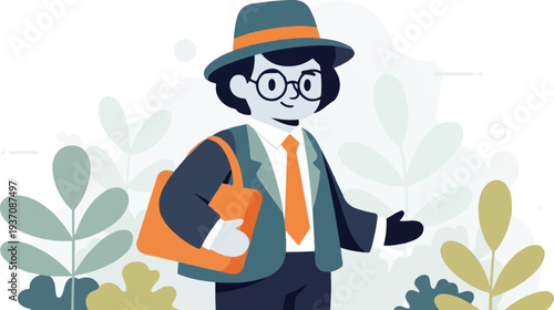 A stylized cartoon person in a hat, glasses, suit, and tie, holding a bag