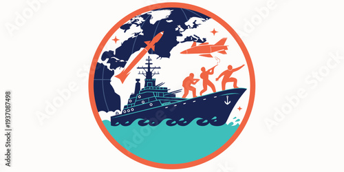 Military emblem featuring a ship aircraft and global map design