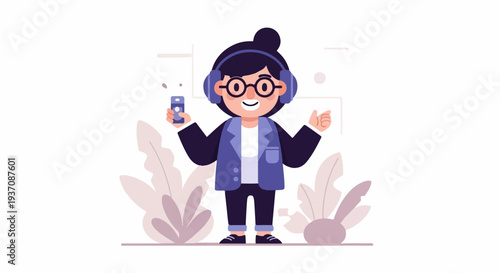 Cheerful person with headphones and music player, surrounded by stylized foliage