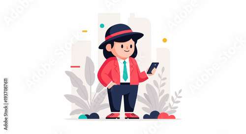 Stylized person in hat and jacket with phone, surrounded by minimalist plants and shapes