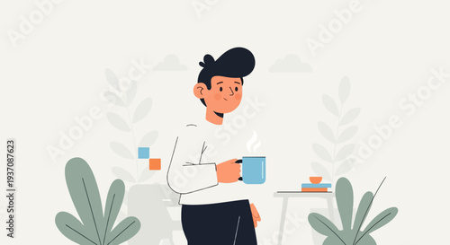 A young man with dark hair in a white sweater holds a steaming blue mug in a serene, light-colored setting