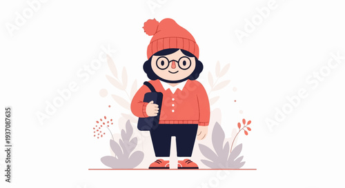 Cheerful character in coral attire with a satchel, amidst abstract botanical elements