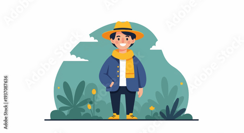 Cheerful person wearing a hat and scarf stands in a natural setting