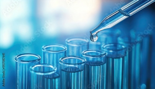 Close-up of test tubes with blue liquid and dropper.