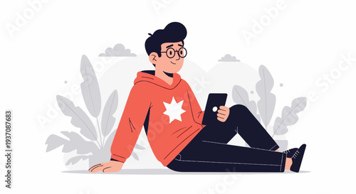 Young person in hoodie relaxing outdoors with a tablet