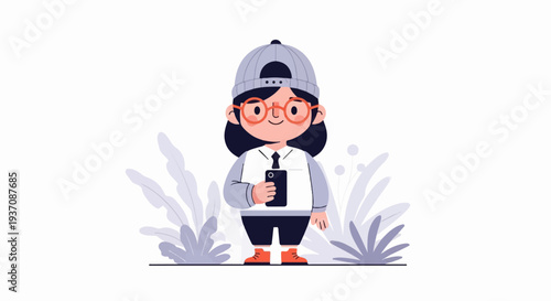 A young person with glasses and a hat holds a phone, surrounded by stylized plants