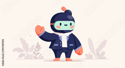 Friendly, cartoonish figure in a dark suit, snorkeling gear, and orange mittens waves