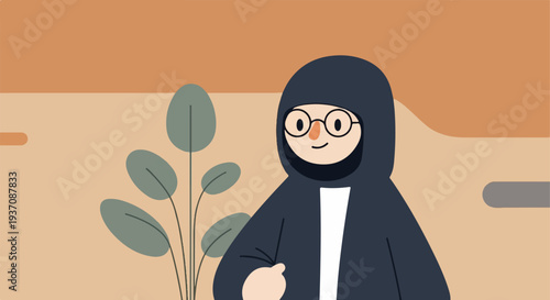 Stylized character with glasses and a hood, standing next to a plant