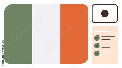 National identity, travel documentation, government services, citizenship verification, cultural , and compliance. Ireland flag with ID card and checklist. National identity and travel-themed concept