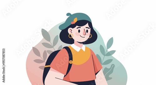 Cartoon illustration of a stylish young woman with a backpack, wearing a beret and casual clothes