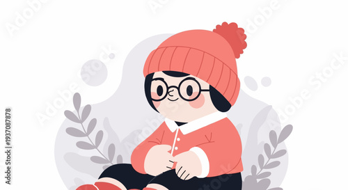 Cheerful cartoon child wearing a red beanie and jacket, with glasses