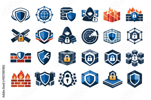 Collection of security icons representing protection and safety measures in digital and physical environments from a straightforward viewpoint
